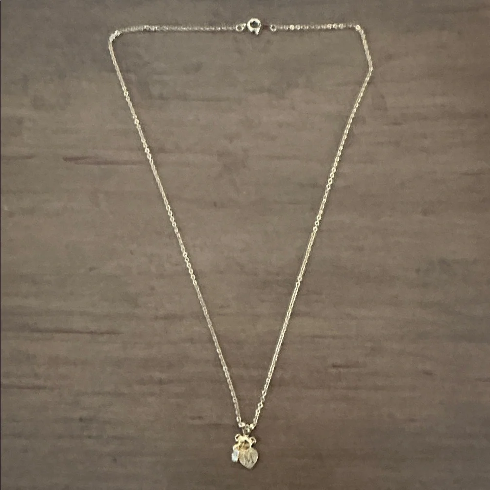 Gold Tone Teddy Bear & Heart With M, CZ Diamonds Pendant Necklace
